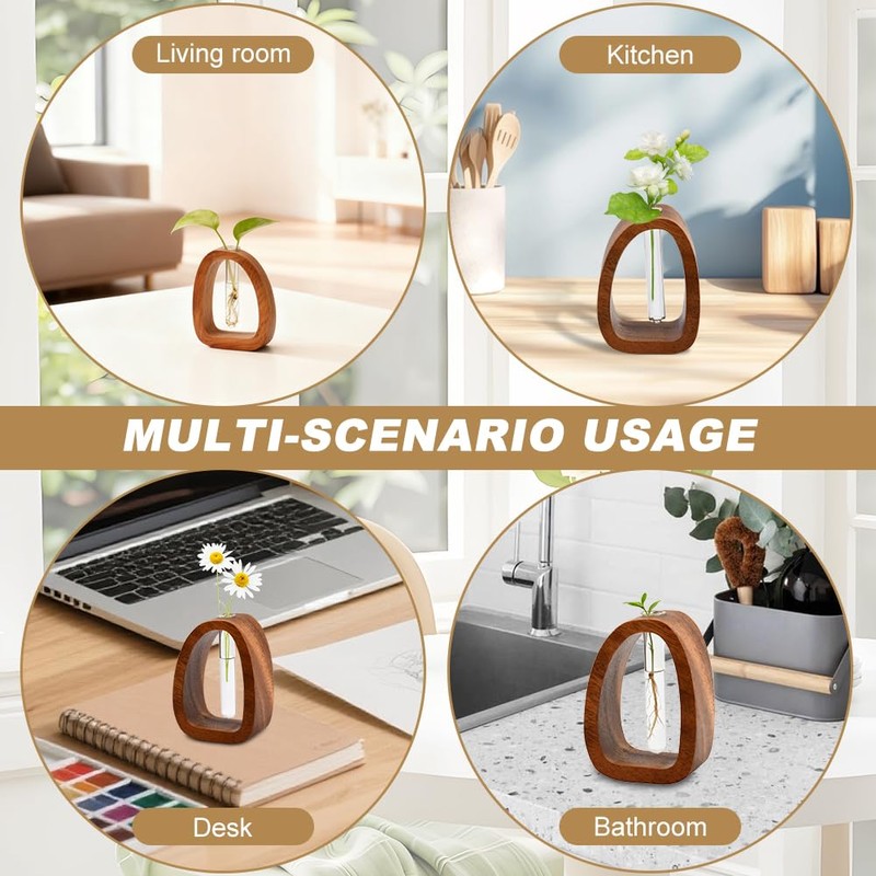 Solid Wood Frame Glass Test Tube Vase Desk Hydroponic Plant