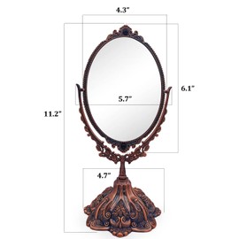 Hsiwto Vintage Double Side Makeup Mirror, Alloy Metal Table Makeup Desktop Mirror with 360 Degree Rotation Cosmetic Makeup Tool for Women Girls, Small Red Copper