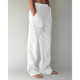 Men's Linen Pants Summer Cotton Beach Trousers Casual Lightweight Elastic Drawstring Waist Yoga Pants White