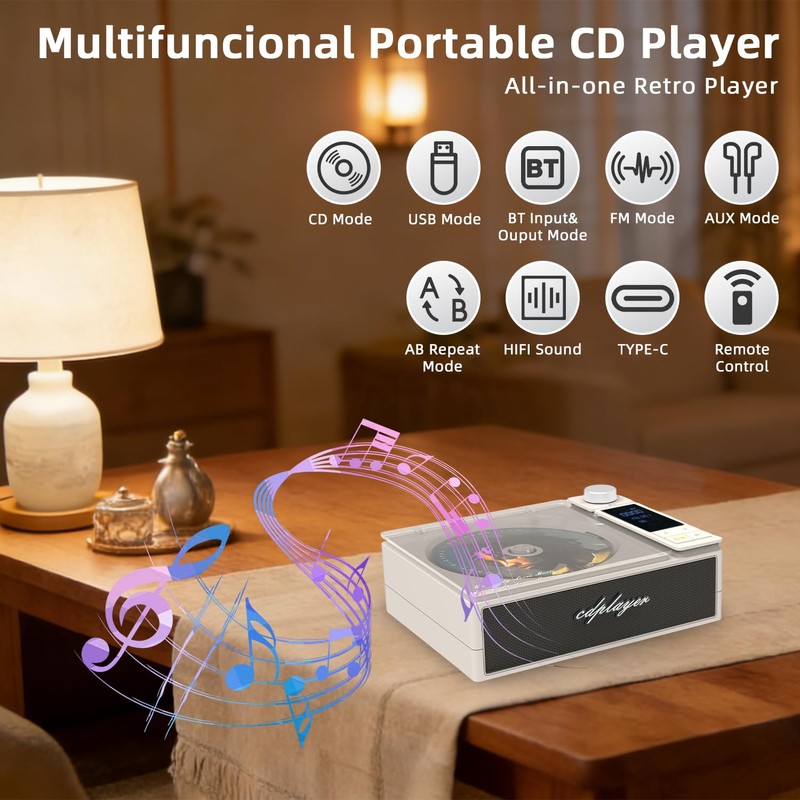 Rechargeable Portable CD Player with Bluetooth & Speaker for Home