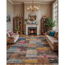 LUMI 5x8 Area Rug, Washable Soft Geometric Non Slip Vintage Rug, Non Shedding Low Pile Rug, Patchwork Design Foldable Floor Carpet for Living Room Bedroom Office Kids Playroom, Multi Colors
