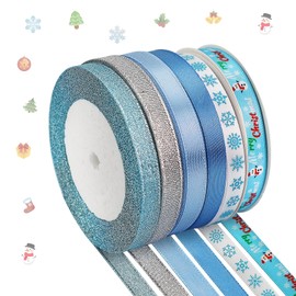 6 Rolls Christmas Wrapping Ribbon Blue Xmas Winter Holiday Craft Ribbon Santa Snowman Snowflake Christmas Tree Truck Gift Wrapping Ribbon for Bow Wreath Crafts