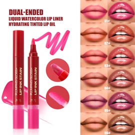 JUAAZIN Rose Pink Dual-Ended Liquid Watercolor Lip Liner & Hydrating Tinted Lip Oil, Highly Pigmented Long Lasting Lip marker pen, Smudge Proof Natural Finish, Precise Chisel Tip Marker 03#