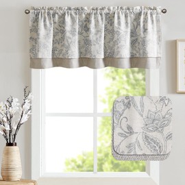TOPICK Floral Kitchen Curtains Blackout Valance Botanic Patterns 18 Inch Double Layer Cafe Curtains Farmhouse Overlay Kitchen Valance for Small Window Rod Pocket 1 Panel Grey on Beige