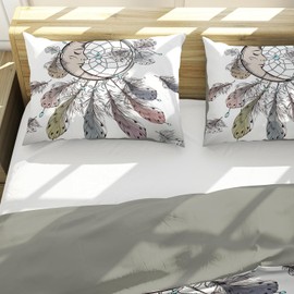 KXHHYB Traumfänger Bed Linen Set 135 x 200 cm Feather Pattern Bed Linen Soft and Comfortable Microfibre 3-Piece (Grey Inner Lining) - Duvet Cover 135 x 200 + Pillowcase 50 x 75 cm (Style 1.135 x 200