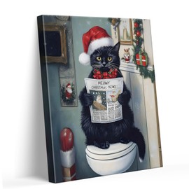 Christmas Bathroom Wall Art - Funny Black Cat Readeing Newspaper Humorous Canvas Print Santa Hat with "Meowy Christmas News," Festive Holiday Wall Decor Artwork for Bathroom or Living Room 11x14inch