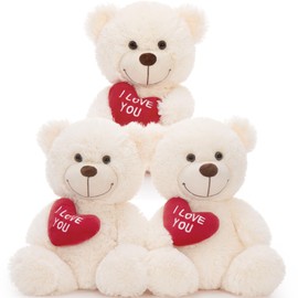 MaoGoLan 3Pcs Bulk Valentines Day Teddy Bear Stuffed Animal with Red Heart, I Love You Small Teddy Bears Plush in Bulk, 12" Valentines Bear Gift for Gift, Girlfriend, Girls,Kids, Decorations,White