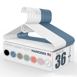 Neaties Super Heavy Duty Clothes Hangers 36 Pack – Made in the USA - 10lb Capacity, Thick Plastic Hangers for Pants, Coats, Jackets, Jeans and Adult Clothing – White & Blue