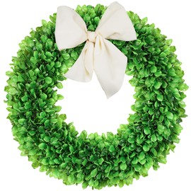 DDHS 24 Inch Large Boxwood Wreaths, Spring Summer Greenery Wreath for Front Door, Door Wreath for Year Round Indoor Outdoor Farmhouse Wedding with Sash St Patrick's Day Decor (Hello Sign)