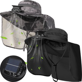 Maiteenly 2 Pcs Men Sun Hat with Solar Fan Fishing Hat with Neck Flap Wide Brim Cap for Hiking Outdoor,USB and Solar Powered(Dark Gray,Black)