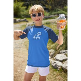 BesserBay Boys' Short-Sleeved Crew Neck UV Shirt Rash Guard UPF 50+ Swimming Shirt Children's Swimming Shirt 110-160, Coconut Tree Blue, 160