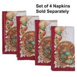 Newbridge Thanksgiving Country Turkey Fabric Bordered Napkins, Set of 4 Napkins, Fall Autumn Pumpkin Harvest Leaf Toile Cottage Print, Soil Resistant No Iron Napkins for Holiday Dining