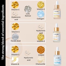 mivida Trío De Sérums Antiedad  Sérums Faciales Con 20 De Vitamina C  Ácido Hialurónico  2,5 De Retinol  Set De Cuidado Facial Iluminador E...        