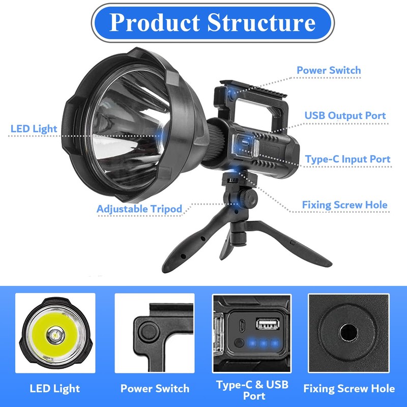 Peascat Spotlight Rechargeable High Lumens 200,000L, 4 Modes Super Bright