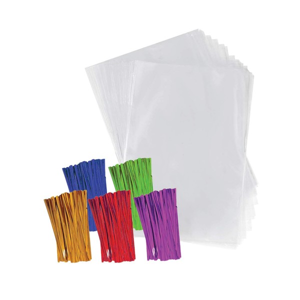 Purple Q Crafts Clear Plastic Cellophane Bags with 4" Colored Twist Ties for Gifts Party Favors (4"x6", 100 Pack)