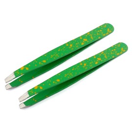 AAProTools Slant Tweezers, Stainless Steel Precision Tweezers for Ingrown Hair, Eyebrow and Hair Remover 2 Pieces (Green & Yellow)