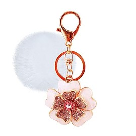 Tobestu Women Shell Peony Flower Key Chain Bag Charms Pendant Car Key Decorations Pom Pom Pompom Ball Accessories Y2215 (Pink)