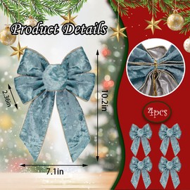 CHMOART 4 Pieces Haze Blue Wreath Bow 7.0 x 10.2 Inches Wedding Bows Blue Velvet Bow Birthday Craft Bow Holiday Tree Topper Ornament Bow for Home Front Door Decorations
