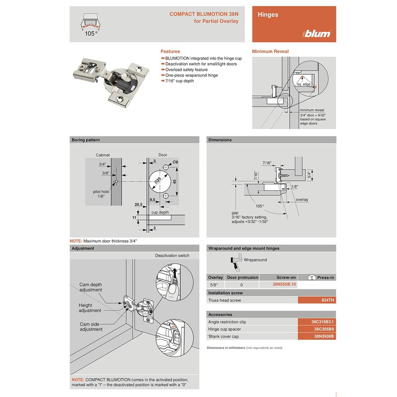 Blum 38N355B.10 Compact BLUMOTION 38N Hinge, Soft-Close, 105 Degree, 5/8