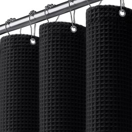 SMTHOM Black Waffle Weave Shower Curtain Cotton Fabric Texture Shower Curtain for Bathroom,72Wx72L