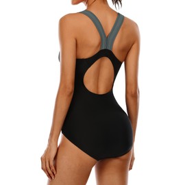 CharmLeaks Womens Athletic One Piece Swimsuit Conservative Lap Bathing Suit(Gray,Medium)