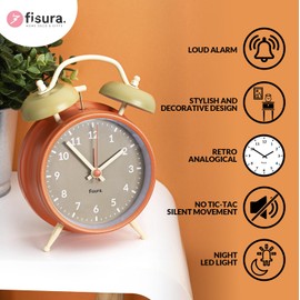 FISURA - Analogue alarm clock without ticking. Alarm clock with LED night light. Dial 9 cm. 11.7 x 5.5 x 16. Metal and ABS (beige and orange)