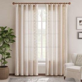 jinchan Linen Curtains Floral Curtains for Bedroom Boho Curtains 84 Inch Length Ivory Embroidered Curtains Rod Pocket Back Tab Farmhouse Flower Patterned Drapes Living Room Window Curtain Set 2 Panels