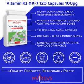 Nutrilus Vitamin K2 MK-7 120 Daily Capsules 100mcg - Highly Bioavailable - Vegan Supplement - Bone Health - Calcium Distribution