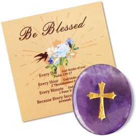 YATOJUZI Worry Stone for Anxiety Amethyst Thumb Pocket Stone Natural Crystals and Healing Stones Hand-Carved Crucifix Cross Crystal Gemstones for Stress Relief Prayer Guard Meditation