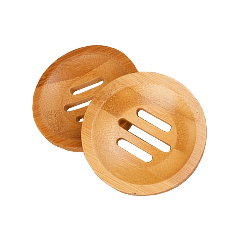 2Pcs Natural Wooden Bamboo Soap Dish Round Storage Holder for