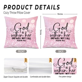 Foritho Pink Christian Pillow Covers 18x18, God is Within Her She Will Not Fall Bible Verse Decorative Throw Pillow Covers, Christian Room Home Decor, Religious Faith Gifts for Women