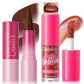 HOSAILY Lip Liner Gloss Set, 2 in 1 Dark Brown Lip Liner Glitter Lip Gloss, Matte Creamy Lip Pencil Lipstick With Shimmer Big Brush Head Light Brown Lip Gloss, Moisturizing Lip Combo for Women, 08