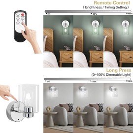 Battery Operated Wall Sconces Set of Two, Chrome Sconces with Remote, Magnetic Wireless Wall Lights with Bulbs, Rechargeable Sconce for Bedside, Bathroom (White Light)