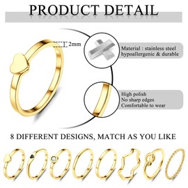KALVICA 8-Piece 2 mm Ring Set Silver/Gold for Women Stainless Steel Plain Thin Heart Knot Twist Rings Set Minimalist Stackable Thumb Ankle Finger Ring, Stainless Steel