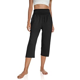 UEU Women's Soft Stretchy High Waisted Capri Casual Summer Loose Fitting Workout Cropped Yoga Pants Comfy Lounge Sweat Capris Sweatpants with Pockets(Black,L)