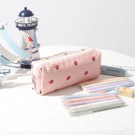 Fufumin Cute Pencil Case Aesthetic Student Pencil Pouch Coin Pen Pouch Cosmetic Bag Office Stationery Organizer for Kids Teen School (Pink Strawberry)