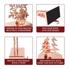 Christmas Stocking Holders for Mantel Set of 4 - Vintage Metal Standing Stocking Hooks, Reindeer Snowflake Snowman and Pine Tree, Sturdy and Suitable for Fireplace Counter Window Decoration, Rose Gold