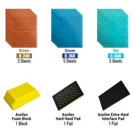 Super Assilex Flexible Sanding Sheet Production Starter Kit, SP19124, K240 - K600, 15 Sheets + 1 Hand Block & Interface Pad + 1 Hard Hand Pad