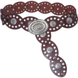 Heyjoin Oval Disc Belt for Women Wide Leather Concho Belts Boho Western Disc Link (Oval Silver Brown-M)