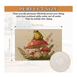 Cute Frog Placemats Set of 6,Mushroom Heat Resistant Kitchen Table Mats for Indoor and Outdoor,Washable Wipe Clean Dining Placemat 12 x 18 Inches