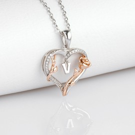 Elio Passero Heart Rose Initial Necklace,S925 Sterling Silver Letter Pendant Necklaces with Cubic Zirconia Set in,Unique Anniversary Birthday Jewelry Gifts for Women,Chain Length 17.7"