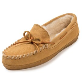 Minnetonka Women’s Hardsole Tan Pile-Lined Moccasin Slippers 8 W