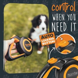 Mighty Paw- Correa retráctil para perros 2.0 | 16’ Heavy Duty - Cable de cinta de nylon reflectante | para mascotas de hasta 110 libras |. Diseño sin enredos con sistema de frenado de bloqueo rápido con solo un toque y mango antideslizante. (Naranja/Están