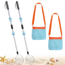 Paquete de 2 tamices de arena con bolsas de conchas – Tamiz de dientes de tiburón ajustable de 21.6 a 33 pulgadas para la recolección de conchas de playa, pala de malla con mango retráctil, juguetes