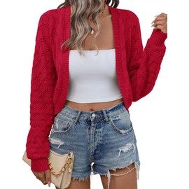 LOMON Womens Cardigan Sweaters Shrug Knit Open Front Crop Sweater(Red,Medium)