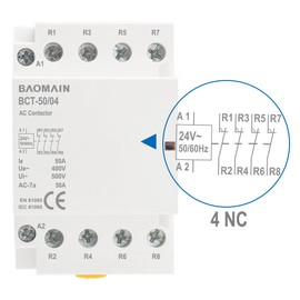 Baomain 24V AC 4-Pole Modular Contactor, 50A 4NC Normally Closed, DIN Rail Mount for HVAC, Motor, Pump & Lighting Control BCT-50/04-24VAC