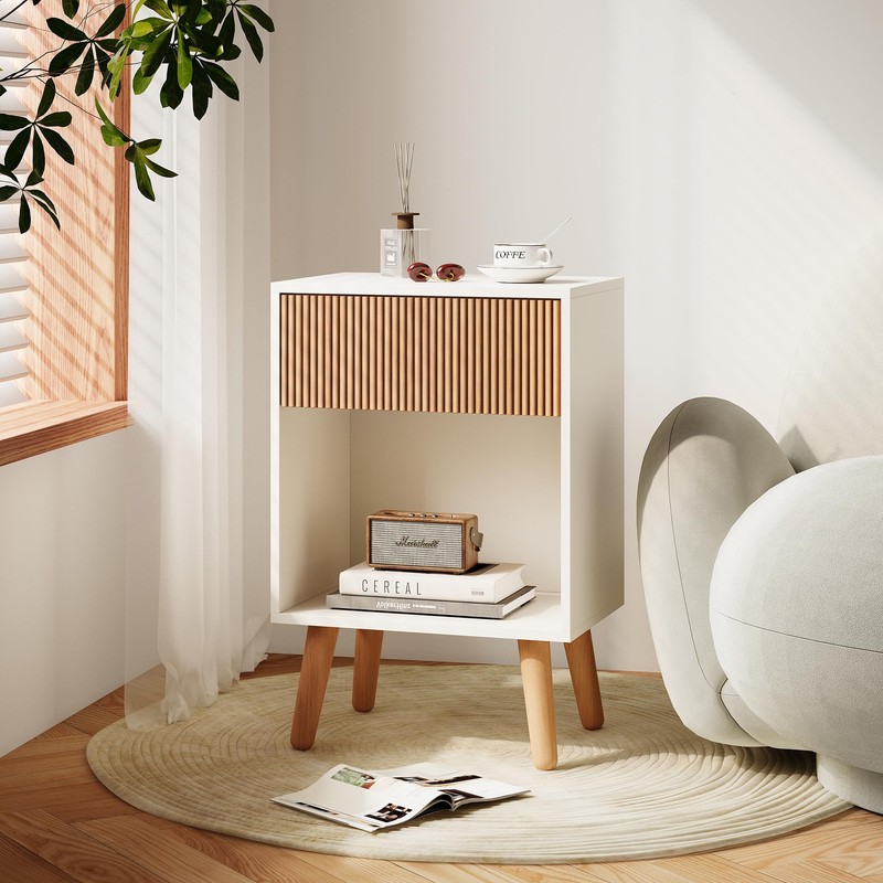 Fluted Nightstand, Modern Bedside Table with Storage Drawers and Open
