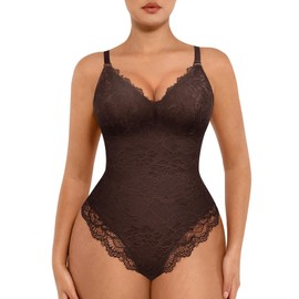 FeelinGirl Women Full Lace Shapewear Bodysuit for Women Tummy Control Thong Shapewear V Neck Tops Body Suits Brown XL