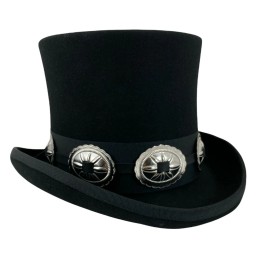 FUNK PLUS Black 100% Wool Felt Top Hat Concho Band Victorian Costume Slash Mad Hatter USA  - 7 5/8-7 3/4 (24 1/2") XL