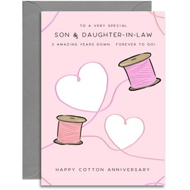 Son & Daughter-in-Law 2nd Anniversary Card - Cotton Wedding Anniversary Card - Cotton Reels Design - A5 Size Card with Grey Envelope